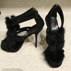 Gucci Mink Fur/Suede Black Cage Heeled Sandals